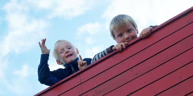To blide gutter i en barnehage ligger på et tak og ser ned på fotografen. Illustrasjonsfoto