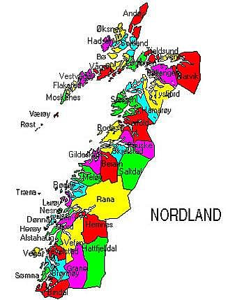 Kart over deler av Nordland.