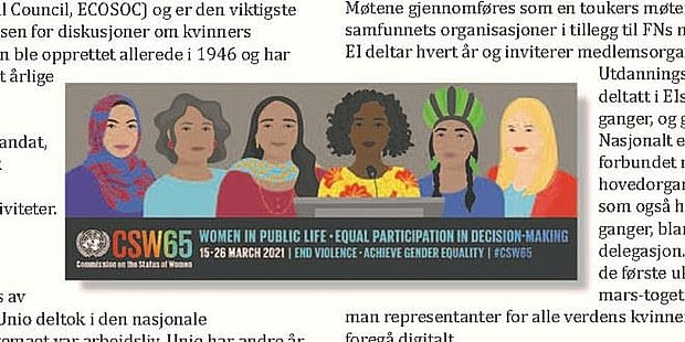 6 kvinner med forskjellige hudfarger og hodeplagg. Grafikk. 