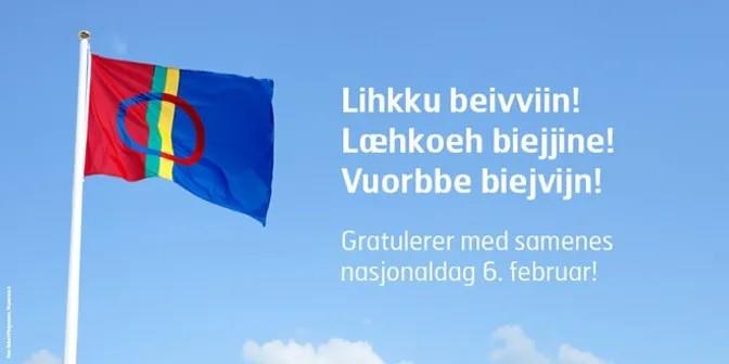 Bilde av samisk flagg mot blå himmel.