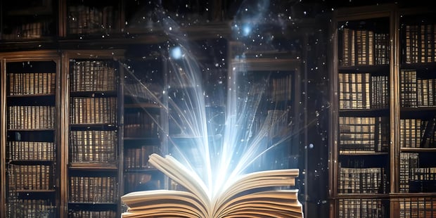 Bok i bibliotek med stjerner og lys