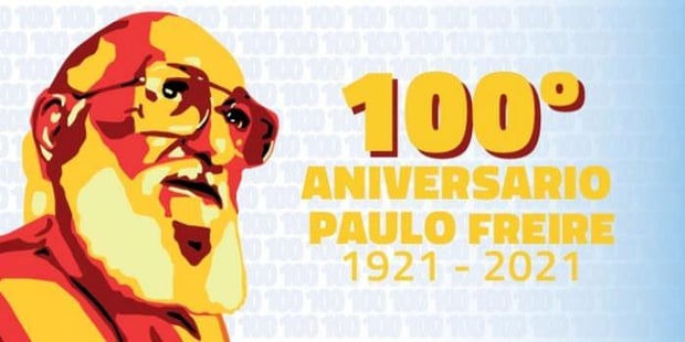 Header/bilde med en tegning av hodet til Paulo Freire, samt info og logo til de som samarbeider om å markere 100-årsmarkeringen for hans fødsel.