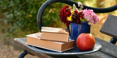 Sommerstemning - bøker, blomster og frukt på en benk