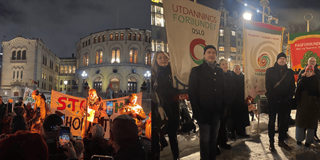 To bilder fra demo Stop the scholasticide – Stans utslettelsen av det palestinske utdanningssystemet. Det ene viser scenen hvor det blir holdt appel, det andre av fanene til UDF, UDF Oslo og Fagforbundet.