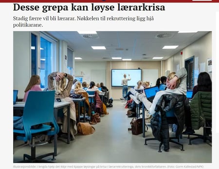 Biletet er ein faksimile frå Dagsavisen. Det syner overskrifta "Seks grep som kan løyse lærarkrisa", og har bilete frå eit klasserom med ein lærar og mange elevar.