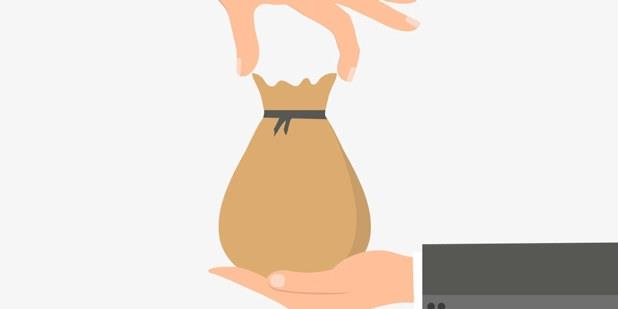 Illustrasjonsbilde av en utstrakt hånd med en pengesekk, og en hånd som gir (eller tar) ovenifra