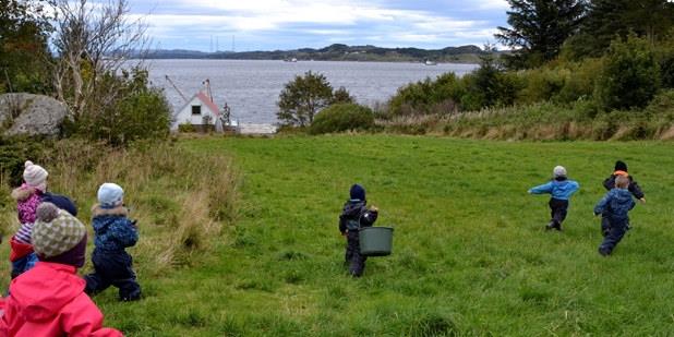 Barnehagebarn som går på en grønn slette. Foto.