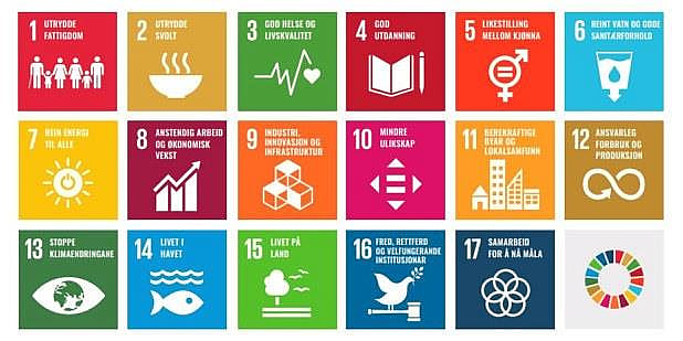 De søtten ikonene for hvert av FNs bærekraftsmål samlet. Illustrasjon.