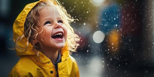 smilende jente i gul regnfrakk