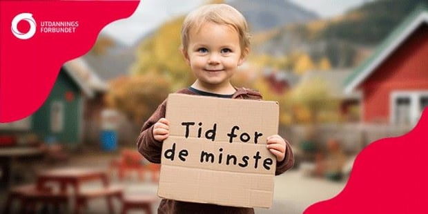 Kampanjeplakat "Det er mye en treåring skal lære" med bilde av et barn omringet av en ordsky.