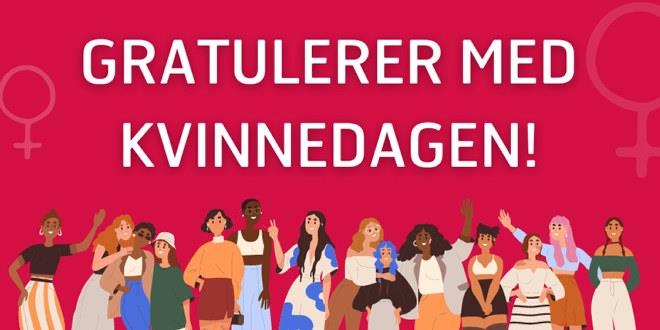 Tegning av en rekke kvinner med tekst gratulerer med kvinnedagen