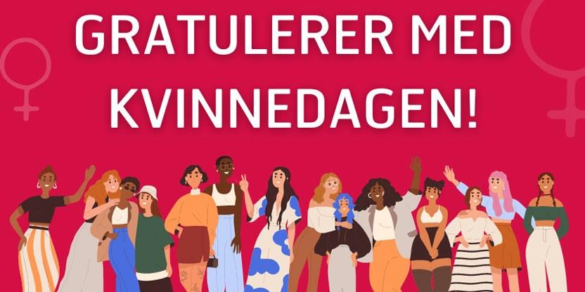 Tegning av en rekke kvinner med tekst gratulerer med kvinnedagen